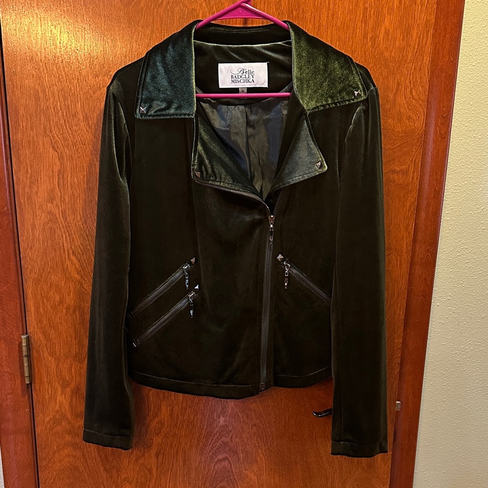 Belle Badgley Mischka Dark Green Velvet Moto Jacket